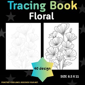 Puede incluir: Un libro de calco floral con 40 diseños, tamaño 21,59 x 27,94 cm. La portada tiene un fondo negro con estrellas grises, texto blanco y dos ilustraciones florales de líneas, una gris claro y otra negra. Texto: Practice your lines. Discover your art.