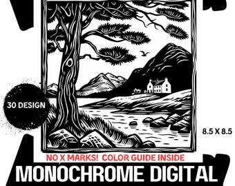 Scenic Monochrome Coloring Pages: 30 Mindful Designs (Digital Download)