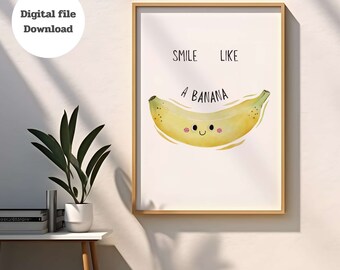 Zabawny nadruk z bananem w kuchni, estetyczna sztuka ścienna z owocami (do pobrania w wersji cyfrowej)
