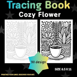 Può includere: Un libro da ricalco intitolato Cozy Flower con 30 disegni. La copertina mostra due illustrazioni a linee bianche e nere di fiori in vaso e una tazza di caffè. Il libro misura 8,5 x 11 pollici e include il testo Practice your lines. Discover your art.