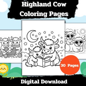 Puede incluir: Descarga digital de páginas para colorear de vacas de las Highlands. La imagen muestra tres páginas para colorear con vacas de las Highlands de dibujos animados. Una página muestra dos vacas leyendo un libro, otra muestra dos vacas tejiendo y la tercera muestra dos vacas con gafas de sol.