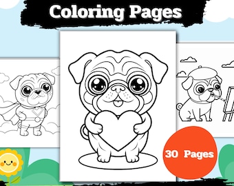 Pug Coloring Pages for Kids, 30 Cute Pets (Digital Download)