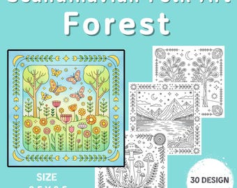 Forest Folk Art Coloring Pages, Scandinavian Designs (PDF)