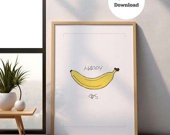 Zabawny nadruk z bananem, modna dekoracja ścienna do kuchni (pobranie cyfrowe)