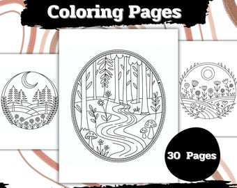 30 Boho Landscape Coloring Pages, Minimalist Scenery (Printable PDF)