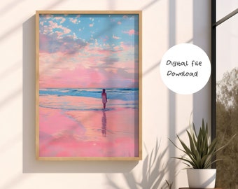 Pink Coastal Beach Print, Girly Apartment Decor (Digital Download)