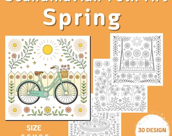 Spring Scandinavian Folk Art Coloring Pages: 30 Nordic Floral Designs (Digital Download)