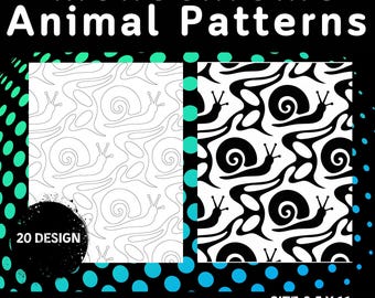 20 Tiermuster Monochrome Malseiten, minimalistische Designs (PDF druckbar) Musterblätter