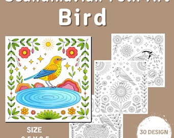 Bird Coloring Pages: 30 Scandinavian Folk Art Designs (PDF Pattern)