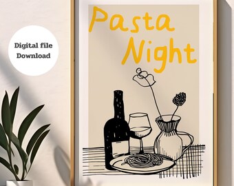 Pasta Night Illustration Art Print, Kitchen Decor (Digital Download)