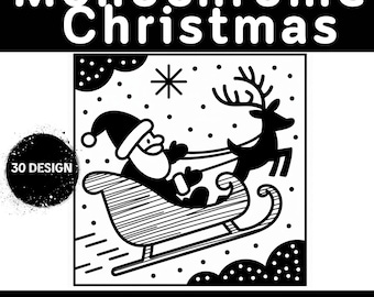 30 Monochrome Christmas Coloring Pages, Minimalist Designs (PDF)