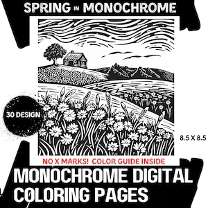 30 Frühling in Monochrome Digitale Malvorlagen Achtsame Designs und Illustrationen verwenden nur eine Farbe PDF druckbare Malvorlagen