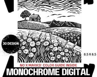 30 Spring Monochrome Coloring Pages: Mindful Designs (Digital Download)