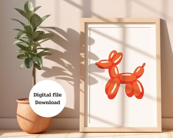 Orange Balloon Dog Art Print, Retro Funky Room Decor (Digital Download)