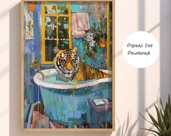 Tiger in der Badewanne Kunstdruck, Maximalist Badezimmer Dekor (Digitaler Download)