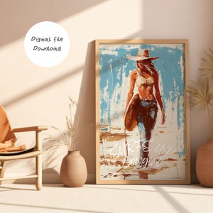 Surfs up Cowgirl Printable Wall Art Minimalist Digital Print In Pastel Blue, Trendy Vintage Coastal Cowgirl Wall art Surfer Girl Wall Art
