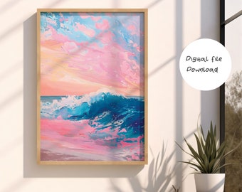 Rosa Meereswelle Kunstdruck, abstrakte Küstenwandkunst (Digitaler Download)