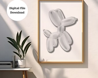 Grauer Heißluftballon Hund Art Print, Retro Funky Hunde Poster (Digitaler Download)