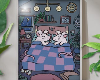 Sleepy Rats Original Illustration Print Cozy Cottagecore Art