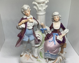 Antique Porcelain Figurine, Musical Couple Lamp Base, Dresden? Stamped Back, Beautiful Purple/Green/White Porcelain Figurines Hand-painted