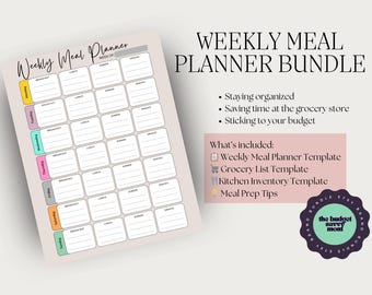 Weekly Meal Planner Bundle (Weekly Planner, Grocery List, Kitchen Inventory List Printable Templates + Bonus Meal Prep Tips!)