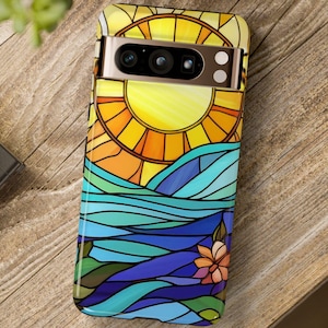 Stained Glass Print Design Sun and Waves Art Phone Case - Bright Bold Design - Protective Cover for Google Pixel 8 Pro, 8, 7, 6 Pro, 6, 5 5G