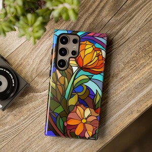 Stained Glass Print Design Bold Floral Art Phone Case - Protective Cover Samsung Galaxy S24 S23 S22 Plus Ultra - Elegant Nature Style