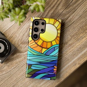 Stained Glass Print Design Sun and Waves Art Phone Case Bright and Bold Design - Protective Cover for Samsung Galaxy S24 S23 S22 Plus Ultra