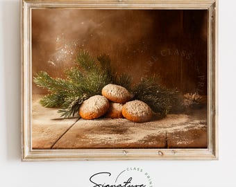 Sugared Gingerbread Cookies with Pine - Vintage Farmhouse Christmas Wall Art, Rustic Winter Kitchen Decor, Holiday Print Painting 2756