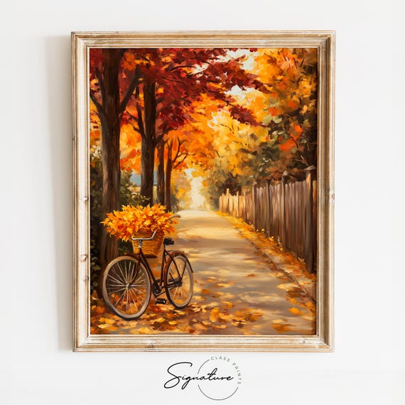 Autumn Street With Bicycle & Fall Foliage - Rustic Fall Scene