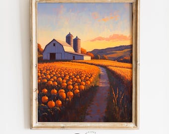 Rustic Barn and Silo in Autumn - Printable Farmhouse Landscape Art, Earthy Fall Decor, Country Harvest Scene, Digital Wall Art 4082