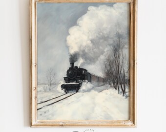 Moody Winter Train in Snowstorm - Vintage Railroad Scene, Rustic Locomotive Art, Dramatic Winter Wall Decor, Digital Printable Download 4120