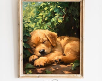 Vintage Golden Retriever Puppy Print, Cozy Dog Painting, Rustic Animal Wall Art, Charming Farmhouse Decor, Digital Download 3878