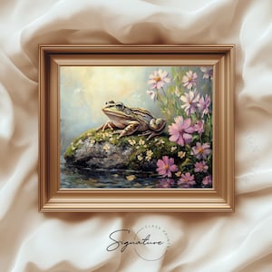 Frosch auf Mossy Rock druckbare Wandkunst, Frühling Tier Gemälde, Vintage-Stil Kunstwerk, Bauernhaus Dekor, Cottagecore digitale Kunst Download 3634