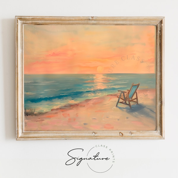 Serene Sunrise Beach Chair Printable Art - Solitary Seaside Morning, Reflective Shoreline Wall Art, Peaceful Dawn Ocean View Download | 582