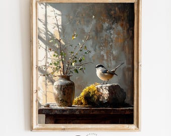 Winter Bird in Forest Printable Art - Rustic Christmas Cottagecore Wall Art, Woodland Nature-Inspired Holiday Decor 2910