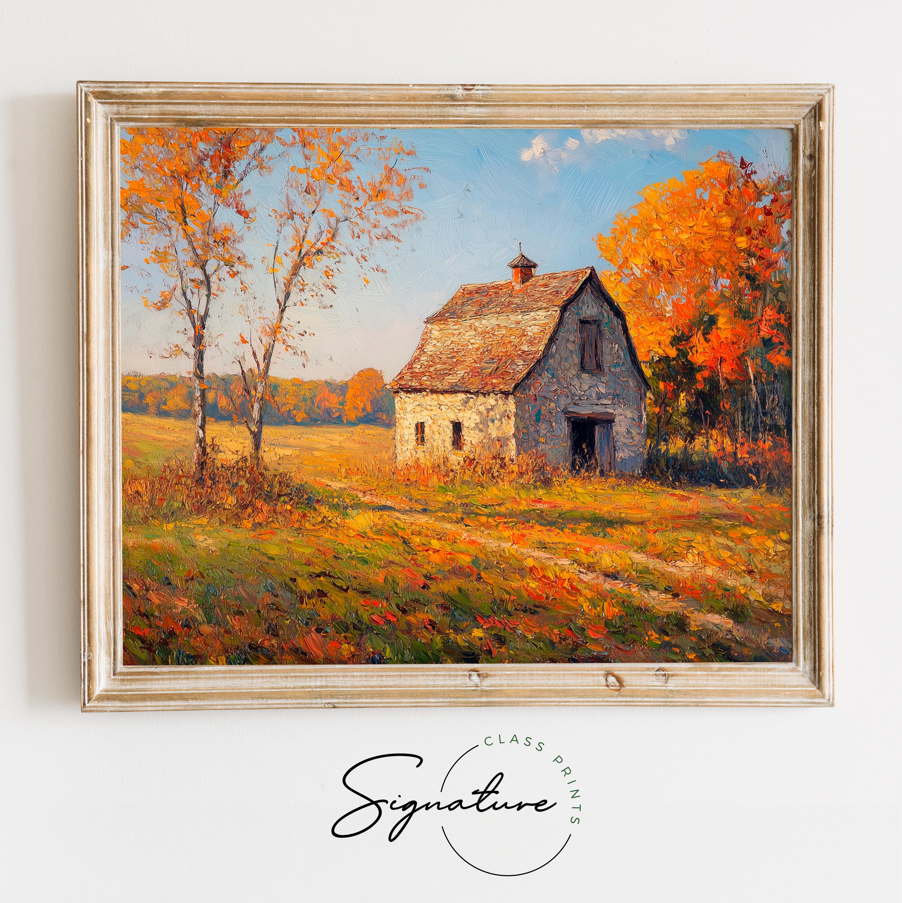 Cozy Rustic Barn Amid Autumn Fields Painting, Earthy Fall Farmhouse ...