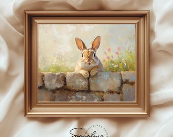 庭の壁から覗くウサギの印刷可能なアート - 春の動物の絵画