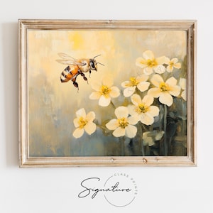 Honeybee Hovering Over Spring Blossoms - Vintage Nature Printable, Cottagecore Floral Painting, Rustic Farmhouse Wall Art, Digital Art 3737