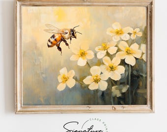 Honeybee Hovering Over Spring Blossoms - Vintage Nature Printable, Cottagecore Floral Painting, Rustic Farmhouse Wall Art, Digital Art 3737