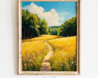 Rustic Grassy Meadow Art Print - Country Lane in Summer Landscape, Printable Cottagecore Wall Decor, Serene Countryside Scene 4069