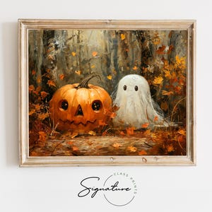 May include: A painting depicting a jack-o'-lantern and a ghost in a woodland setting. The jack-o'-lantern has a cheerful face and the ghost is white and see-through. The background is an autumnal forest with orange and yellow leaves.