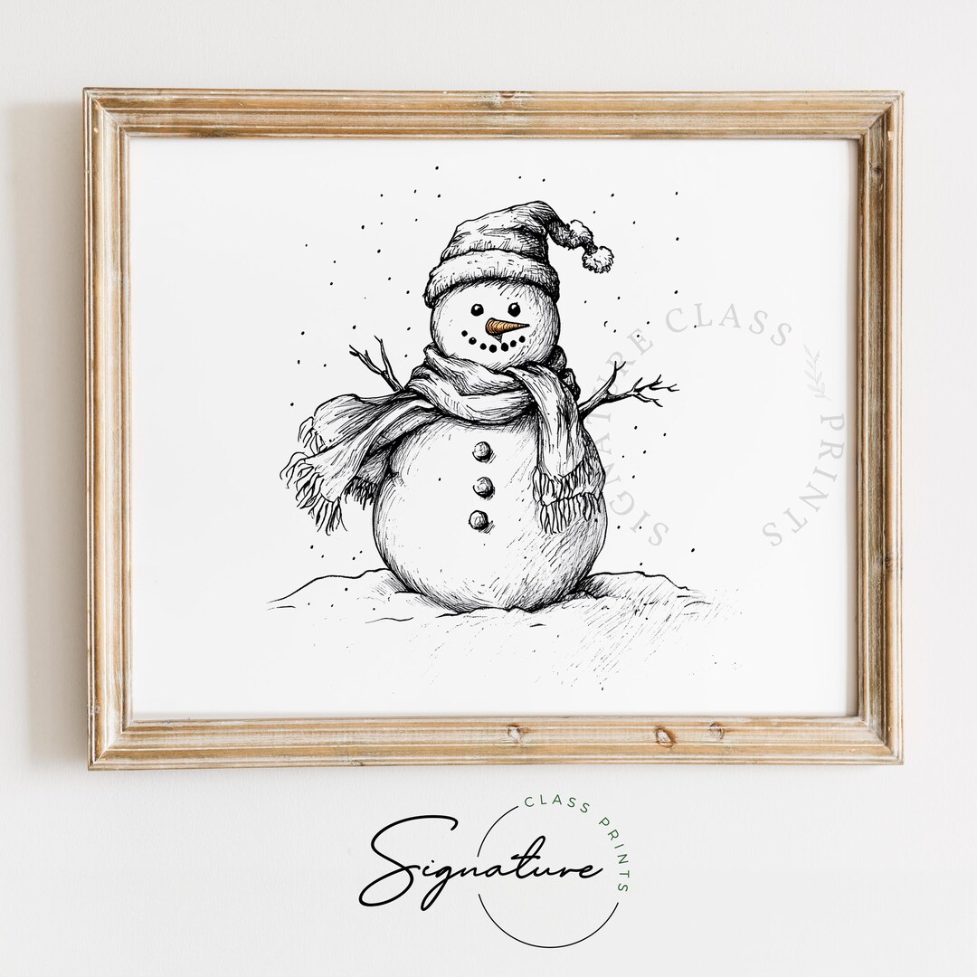 Cheerful Snowman Ink Drawing Printable - Black & White Christmas