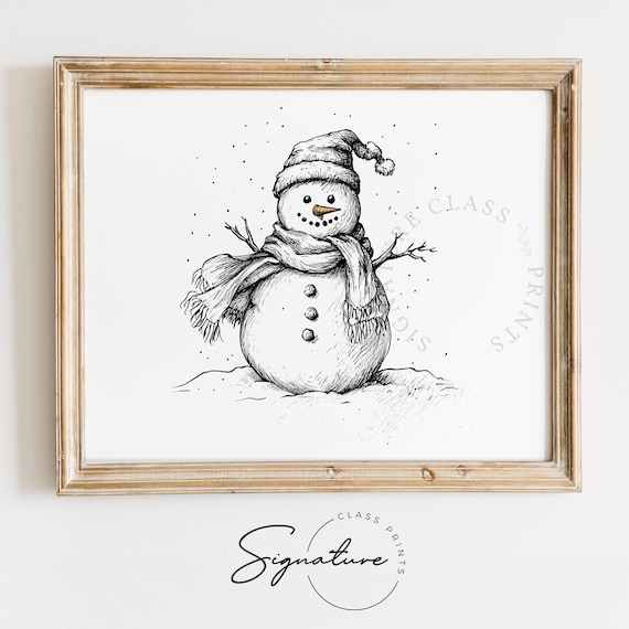 Cheerful Snowman Ink Drawing Printable - Black & White Christmas