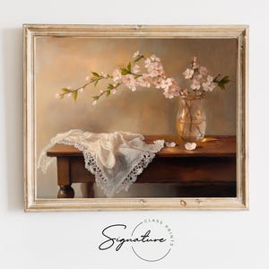 Cherry Blossom Vase on Wooden Table - Spring Floral PRINTABLE, Vintage Cottagecore Wall Art, Romantic Botanical Painting, Pastel Decor 3740