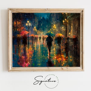 Reflexões para impressão em uma pintura de praça de uma cidade chuvosa - Arte de guarda-chuva colorida, arte de paisagem noturna urbana, decoração de parede de cidade moderna 898