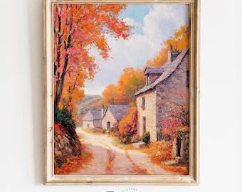 Può includere: Un dipinto di un cottage in pietra in un ambiente rurale con fogliame autunnale. Il cottage ha un tetto in ardesia ed è circondato da alberi con foglie rosse, arancioni e gialle. Una strada sterrata conduce al cottage e ci sono altri edifici in lontananza.