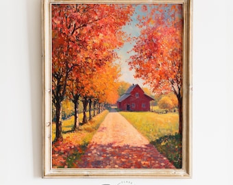 Autumn Farm Lane with Red Barn - Rustic Landscape Wall Art, Printable Fall Decor, Vibrant Autumn Trees, Country Road Painting 4084