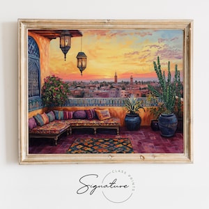 May include: A painting of a rooftop terrace with a view of a city skyline at sunset. The terrace has a couch with colorful cushions, a rug, and potted plants. There are lanterns hanging from the ceiling. The city skyline is in the background, with a mosque in the distance.