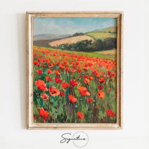 May include: A painting depicting a field of red poppies in full bloom. The field is set against a backdrop of rolling green hills and a blue sky.
